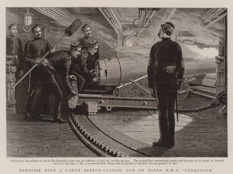 Tren med en 6-tommers Breech-Loading Gun ombord på HMS Conqueror av Charles J. Staniland