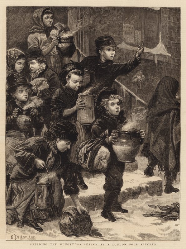 Feeding the Hungry, en skisse på et suppekjøkken i London av Charles J. Staniland