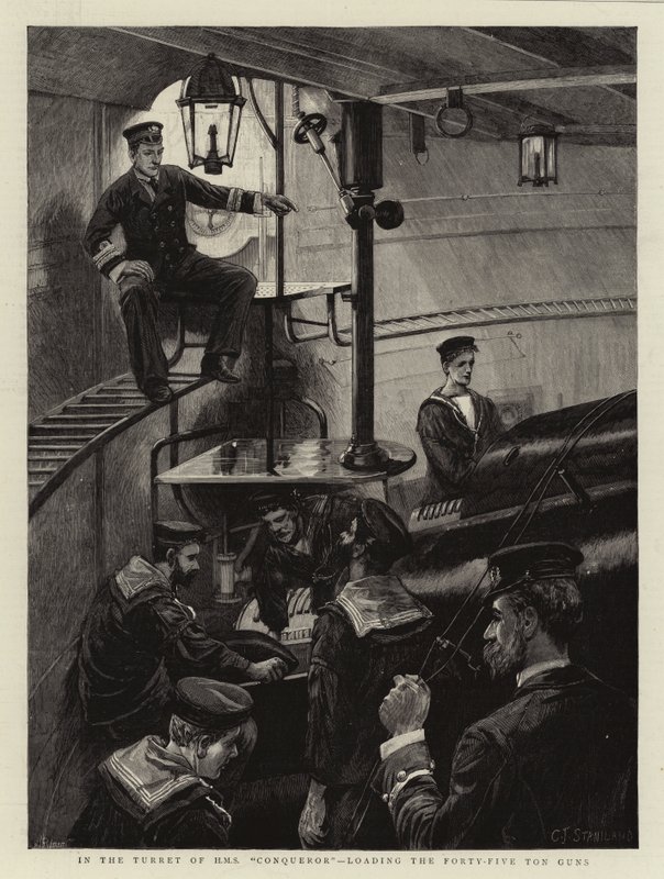 I Turret of HMS Conqueror laster du 45 tonns våpen av Charles J. Staniland