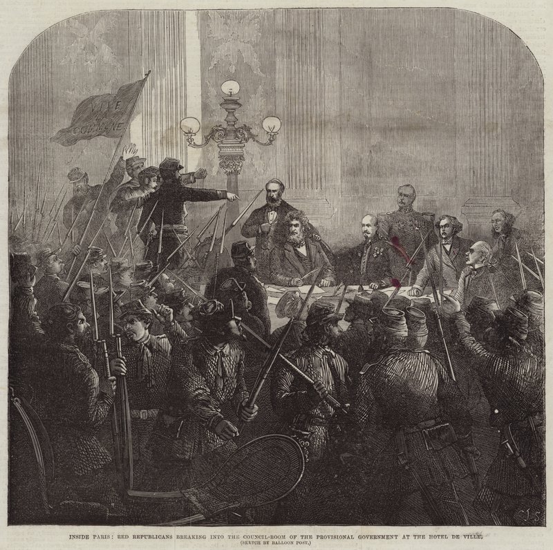 Inne i Paris bryter røde republikanere seg inn i rådsrommet til den provisoriske regjeringen på Hotel De Ville av Charles J. Staniland