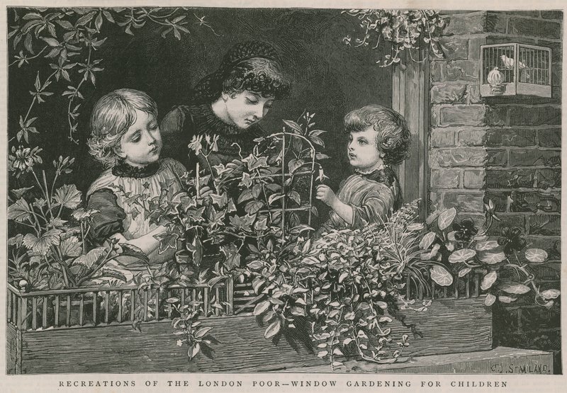 Rekreasjoner av de fattige i London: Vindushagearbeid for barn (gravering) av Charles J. Staniland