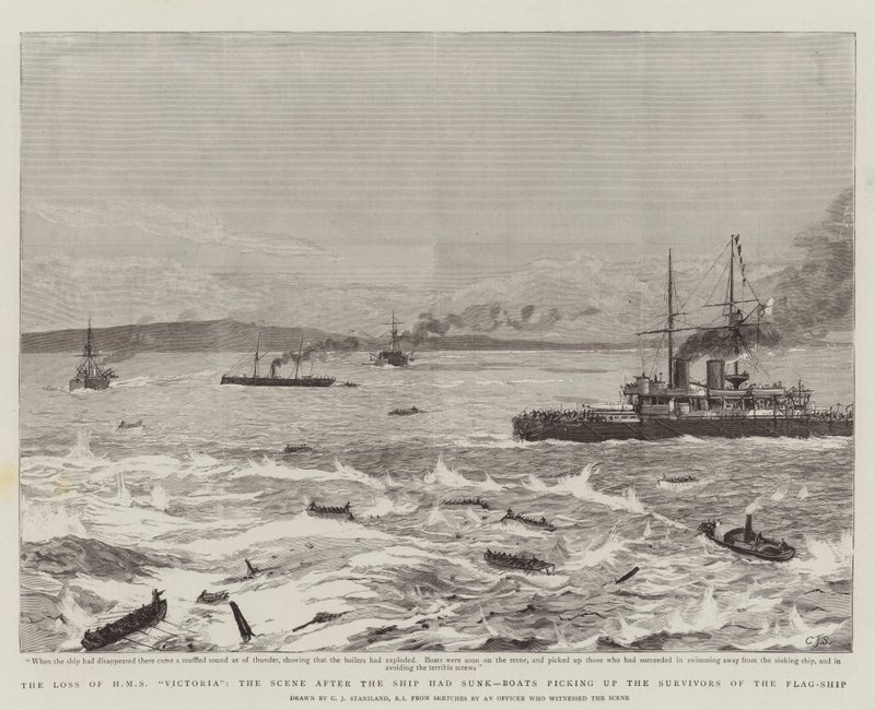 Tapet av HMS Victoria, scenen etter at skipet hadde sunket, båter som plukker opp flaggskipets overlevende av Charles J. Staniland