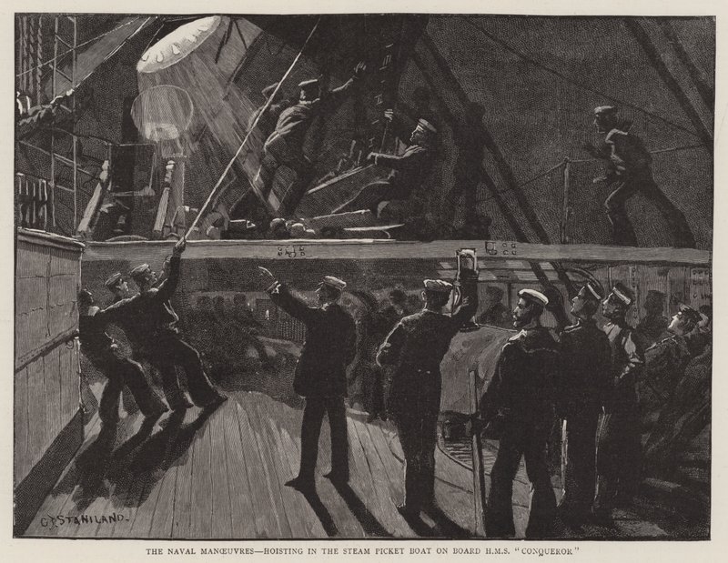 Sjømanøvrene, heising i Steam Picket-båten om bord på HMS Conqueror av Charles J. Staniland