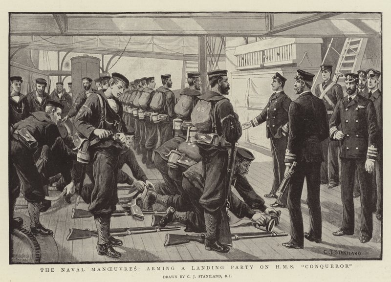 Sjømanøvrene, bevæpning av et landingsparti på HMS Conqueror av Charles J. Staniland