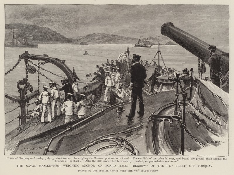 Sjømanøvrene, veier anker om bord på HMS Benbow fra C Fleet, utenfor Torquay av Charles J. Staniland