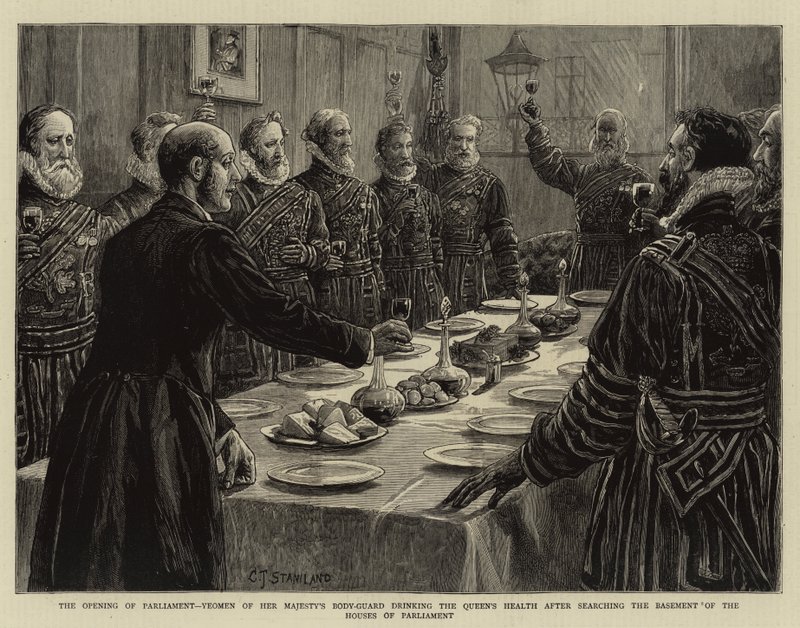 Åpningen av parlamentet, Yeomen av Hennes Majestets kroppsvakt drikker dronningens helse etter å ha gjennomsøkt kjelleren i parlamentets hus av Charles J. Staniland