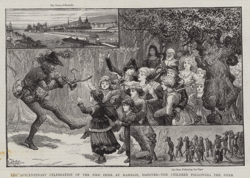 100-årsfeiringen av Pied Piper i Hamelin, Hannover, barna følger Piper av Charles J. Staniland