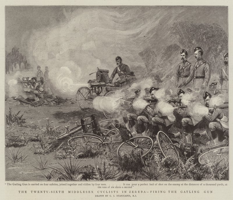 De 26. Middlesex-syklistene i Zereba avfyrer Gatling Gun av Charles J. Staniland
