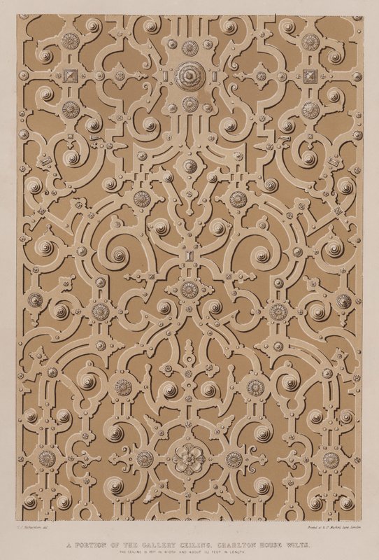 En del av galleritaket, Charlton House, Wilts, taket er 17 fot i bredden og omtrent 115 fot langt (farge litho) av Charles James Richardson