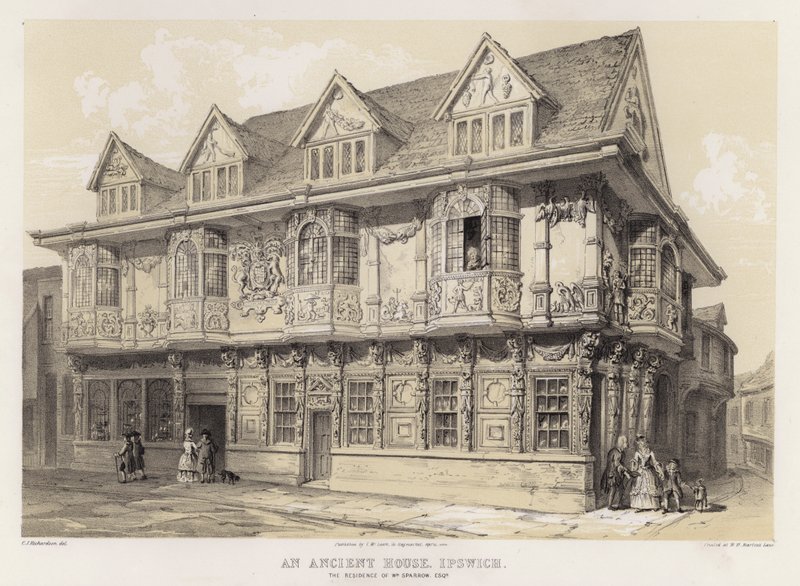 Et eldgammelt hus, Ipswich, boligen til William Sparrow (farge litho) av Charles James Richardson