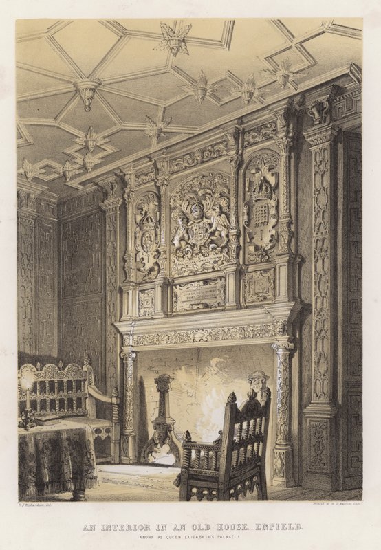 Et interiør i et gammelt hus, Enfield, kjent som dronning Elizabeths palass av Charles James Richardson