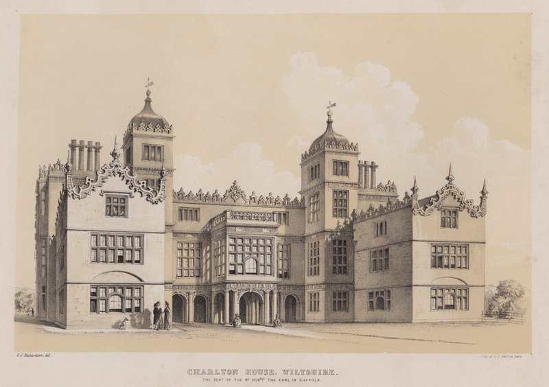 Charlton House, Wiltshire, sete for den ærede jarlen av Suffolk (farge litho) av Charles James Richardson
