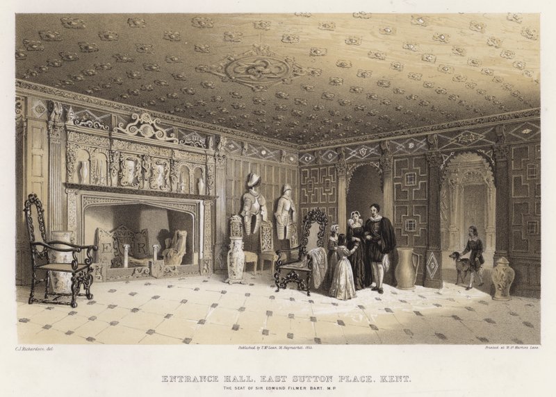 Inngangsparti, East Sutton Place, Kent, setet til Sir Edmund Filmer (farge litho) av Charles James Richardson