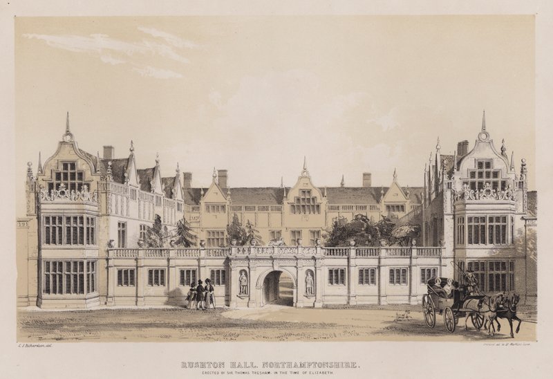 Rushton Hall, Northamptonshire, reist av Sir Thomas Tresham, i Elizabeths tid (farge litho) av Charles James Richardson