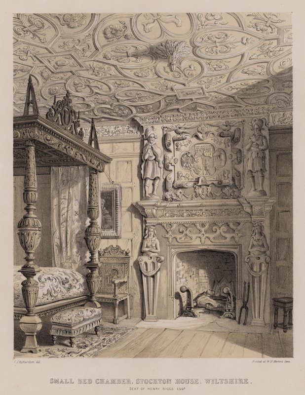 Lite sengekammer, Stockton House, Wiltshire, sete til Henry Biggs (farge litho) av Charles James Richardson