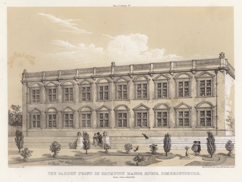 Hagefronten til Brympton Manor House, Somersetshire, Inigo Jones, arkitekt (farge litho) av Charles James Richardson