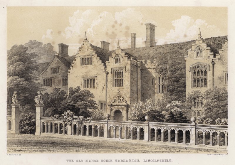 Den gamle herregården, Harlaxton, Lincolnshire (farge litho) av Charles James Richardson