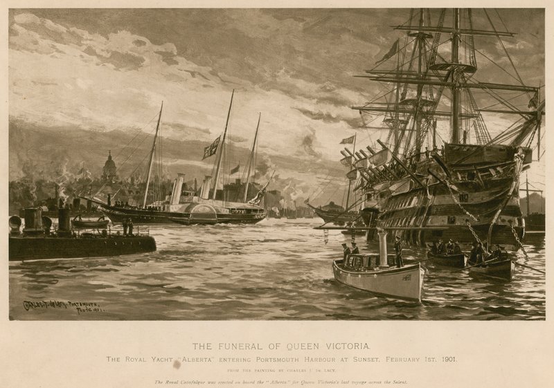 Dronning Victorias begravelse. Royal Yacht Alberta, som bærer dronningens kropp, kommer inn i Portsmouth havn ved solnedgang av Charles John de (after) Lacy