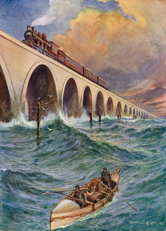 En jernbane gjennom havet, et tog som krysser Bay of Florida av Charles John de Lacy