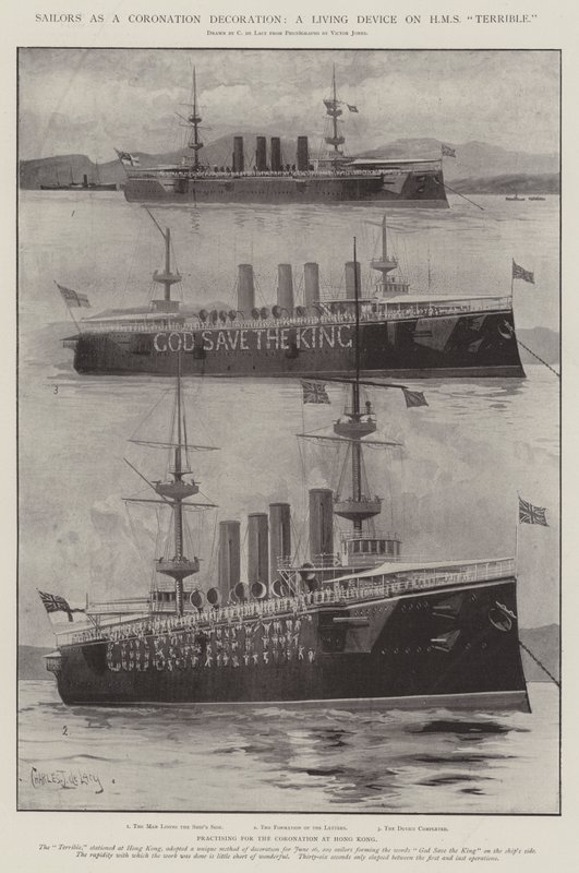 Sjømenn som kroningsdekorasjon, en levende enhet på HMS Terrible av Charles John de Lacy