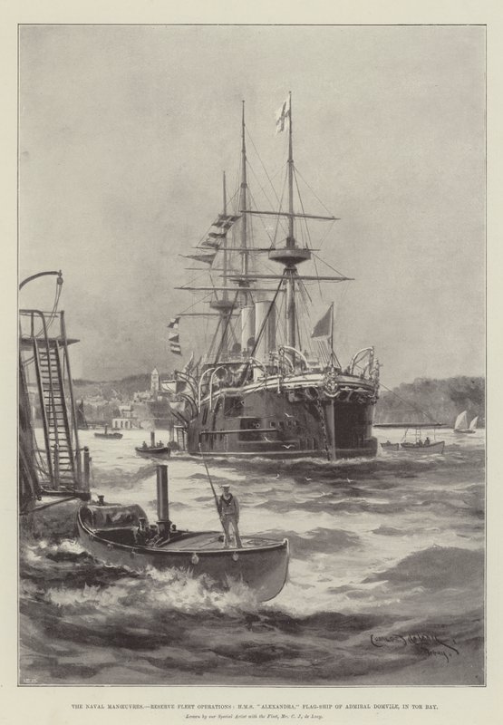 Sjømanøvrene, reserveflåteoperasjoner, HMS Alexandra, flaggskipet til admiral Domvile, i Tor Bay av Charles John de Lacy