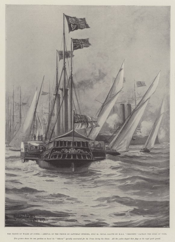 Prinsen av Wales ved Cowes, prinsens ankomst lørdag kveld, 30. juli, Royal Salute av HMS Crescent, Captain the Duke of York av Charles John de Lacy