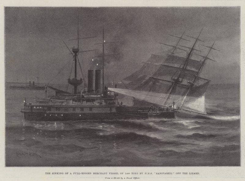 Senkingen av et fullrigget handelsfartøy på 1400 tonn av HMS Sanspareil off the Lizard av Charles John de Lacy