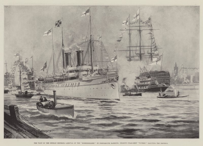 Den tyske keiserens besøk, ankomst til Hohenzollern i Portsmouth havn, Nelsons flaggskipseier hilser keiseren av Charles John de Lacy