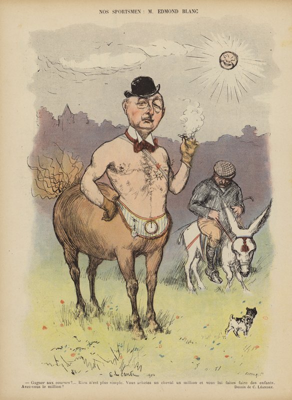 Edmond Blanc, fransk veddeløpshesteier og oppdretter. Illustrasjon for Le Rire av Charles Leandre