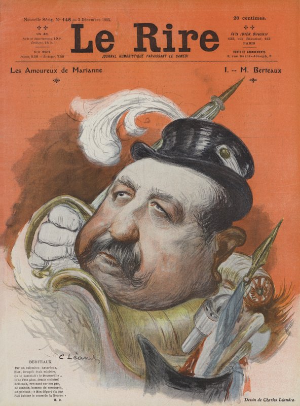 Henri Maurice Berteaux, fransk forsvarsminister. Illustrasjon for Le Rire av Charles Leandre