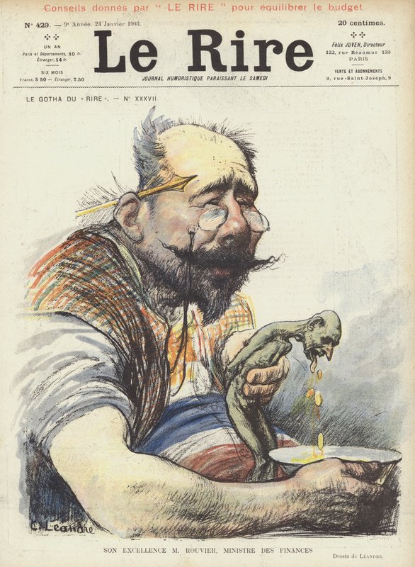 Hans eksellens herr Rouvier, finansminister. Illustrasjon for Le Rire av Charles Leandre