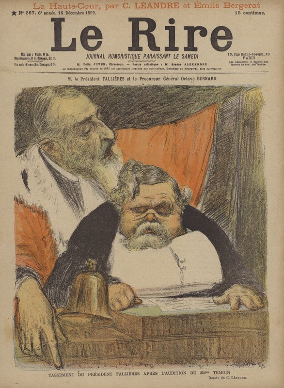 M President Fallieres og riksadvokat Octave Bernard, illustrasjon for Le Rire av Charles Leandre