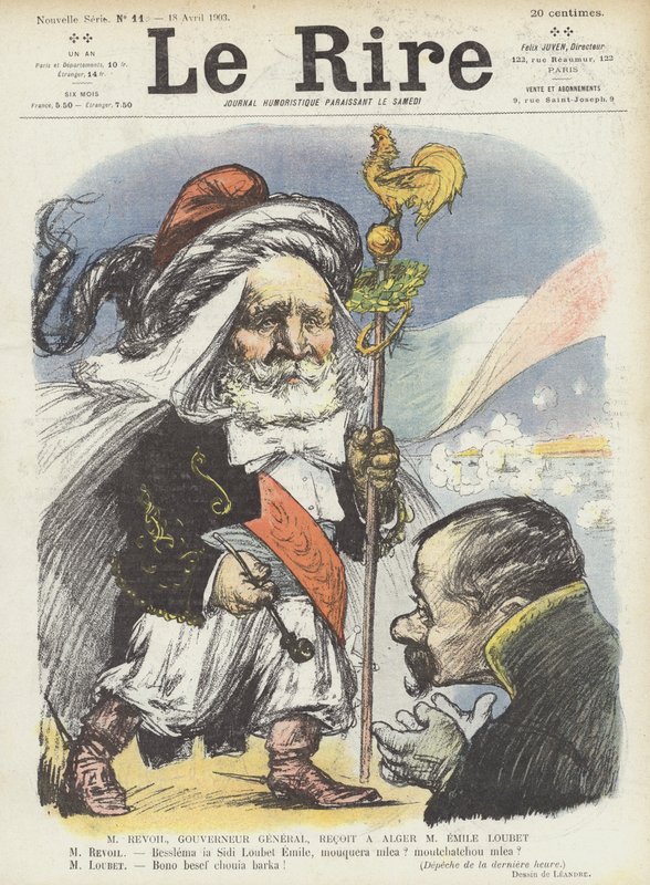 Frankrikes president Loubet mottatt av generalguvernøren i Algerie, Paul Revoil. Illustrasjon for Le Rire av Charles Leandre