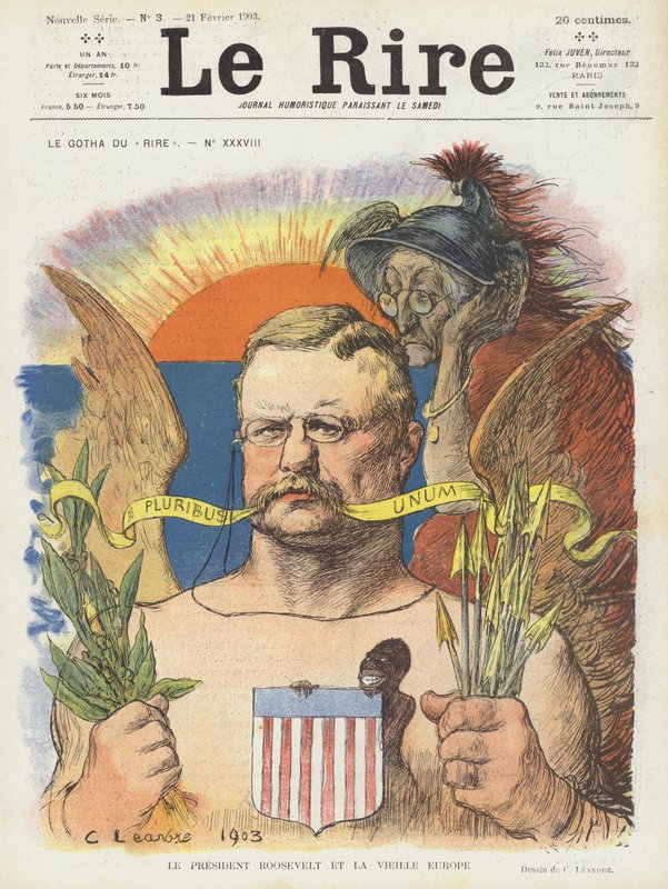 President Roosevelt og det gamle Europa. Illustrasjon for Le Rire av Charles Leandre