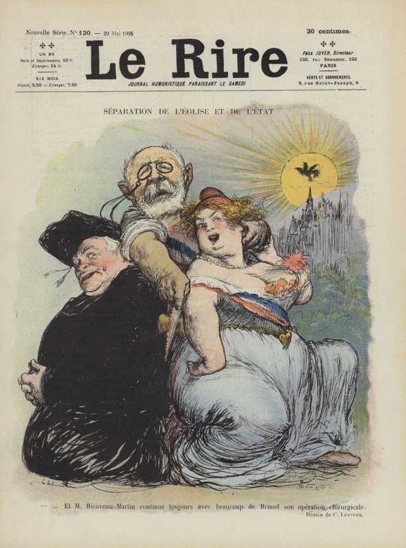 Separasjon av kirke og stat. Illustrasjon for Le Rire av Charles Leandre