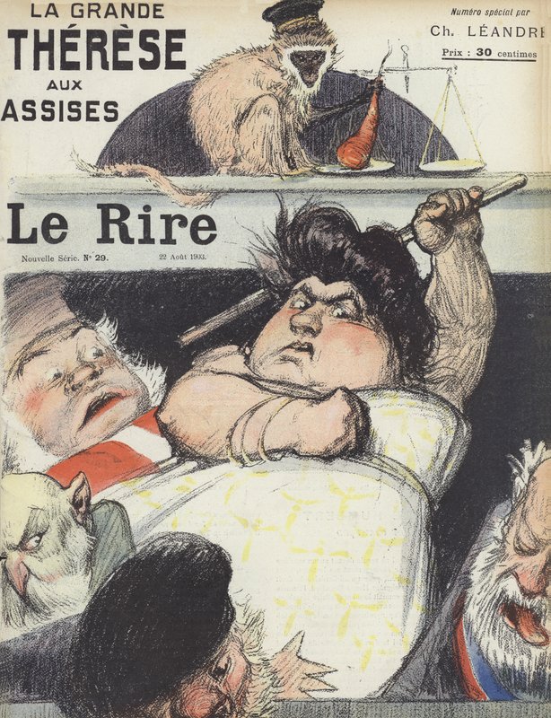 Rettssaken mot den beryktede bedrageren Therese Humbert. Illustrasjon for Le Rire av Charles Leandre
