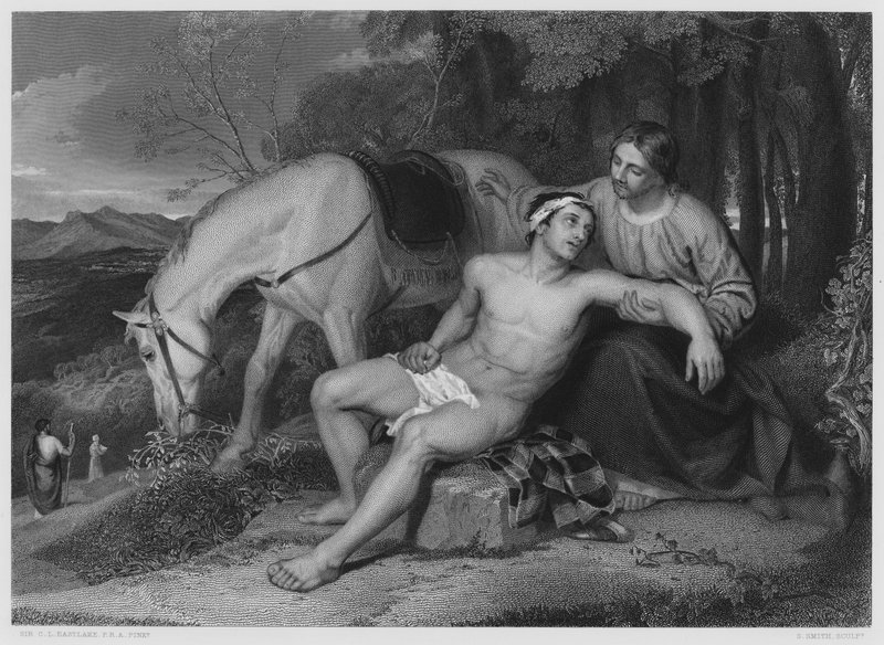 Den barmhjertige samaritan, fra bildet i Den Kongelige Samling (gravering) av Charles Lock (after) Eastlake