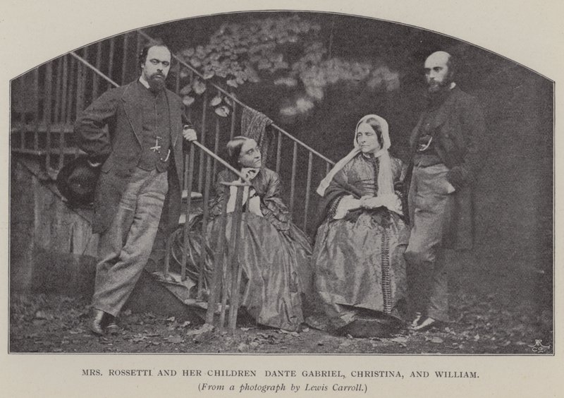 Fru Rossetti og hennes barn Dante Gabriel, Christina og William (s/hv-bilde) av Charles Lutwidge Dodgson