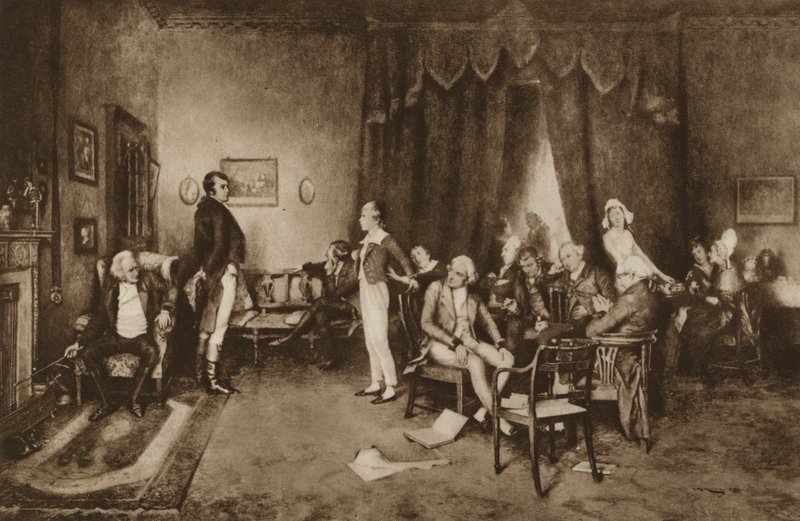 Møte mellom Robert Burns og Sir Walter Scott, Edinburgh (litho) av Charles Martin (after) Hardie