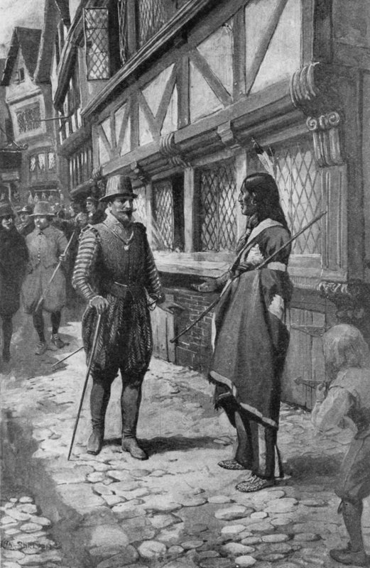 Kaptein John Smith møter en rød indisk venn fra Virginia mens han tar en spasertur nedover The Strand i London (litho) av Charles Mills (after) Sheldon