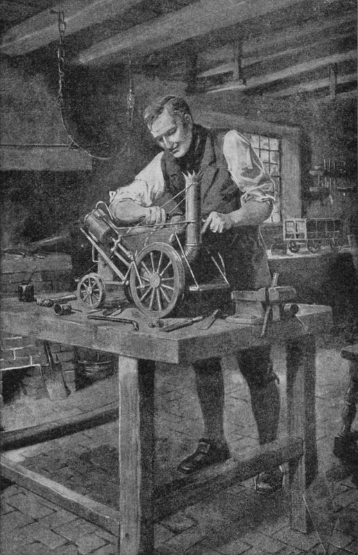 George Stephenson jobber med en modell av raketten sin, motoren som gjorde jernbanen mulig (litho) av Charles Mills (after) Sheldon