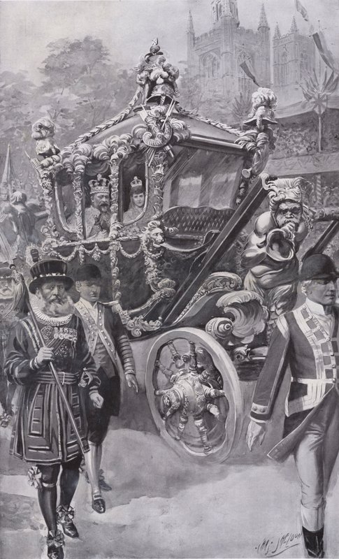 Kong Edward VII og dronning Alexandra i statstreneren på vei tilbake fra kroningen i Westminster Abbey, London av Charles Mills (after) Sheldon