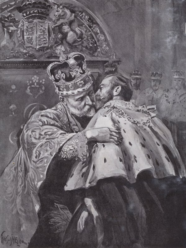 Kong Edward VII omfavner sønnen, prinsen av Wales, ved kongens kroning, Westminster Abbey, London av Charles Mills (after) Sheldon