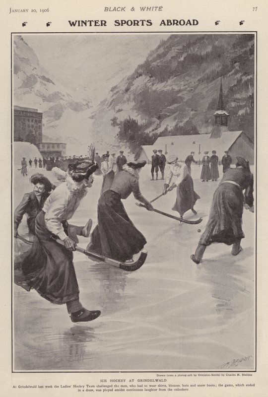 Spiller ishockey i Grindelwald, Sveits (litho) av Charles Mills (after) Sheldon
