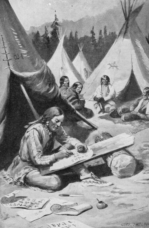 Sequoya trener alfabetet sitt (litho) av Charles Mills (after) Sheldon