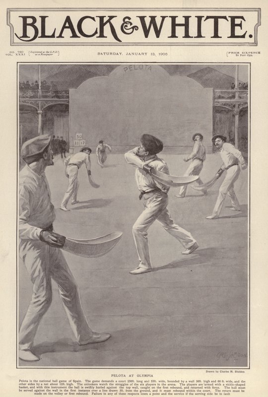 Den baskiske sporten pelota som spilles på Olympia, London (litho) av Charles Mills (after) Sheldon