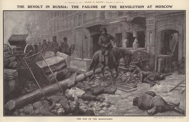 Opprøret i Russland: Revolusjonens fiasko i Moskva (litho) av Charles Mills (after) Sheldon