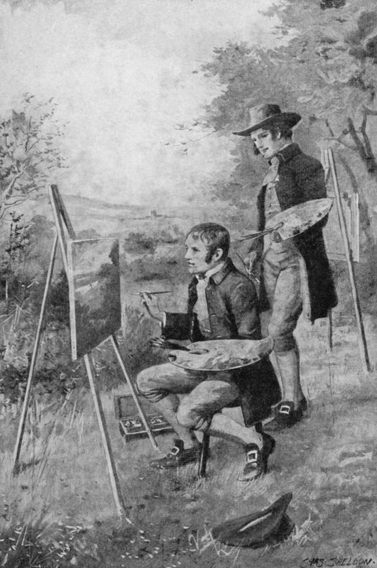 Landsbyens rørlegger hjelper en ung John Constable med å male en scene i Suffolk (litho) av Charles Mills (after) Sheldon