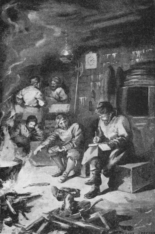 William Barents skrev dagboken sin mens han tilbrakte vinteren i en hytte på Nova Zembla (litho) av Charles Mills (after) Sheldon