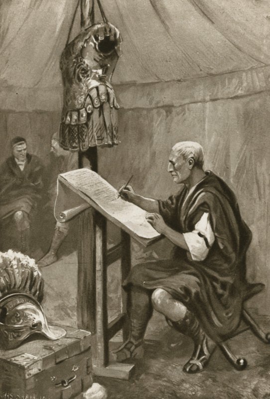 Julius Caesar skriver et brev hjem til Roma fra teltet sitt i Kent av Charles Mills after Sheldon